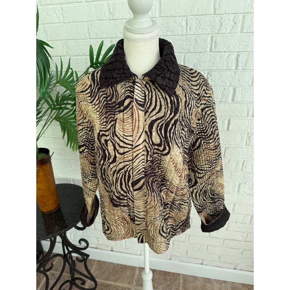 Magic It Fits! Jacket Women One Size Brown Excellent Animal Print Zip Up Crinkle